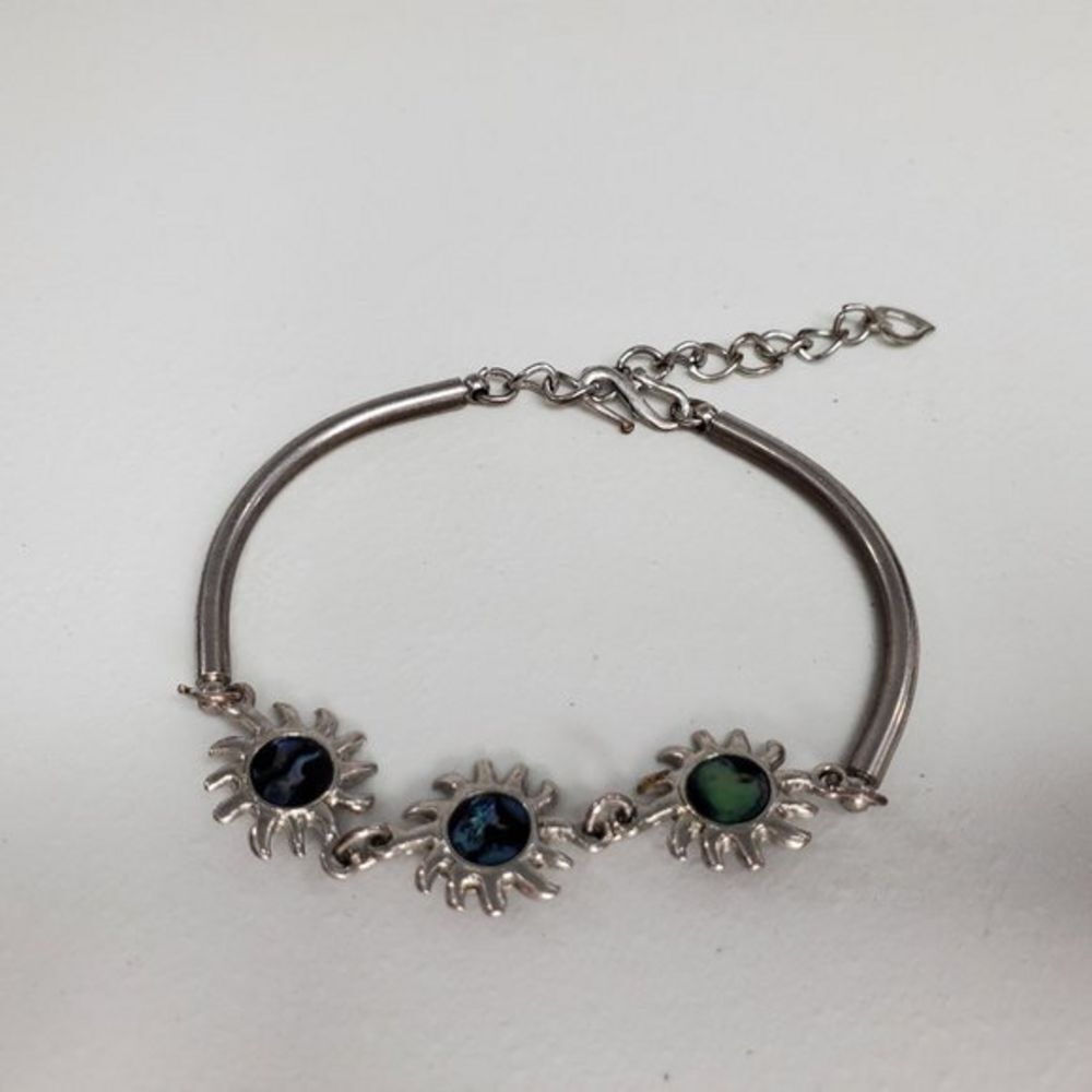 Abalone Sun Bracelet Charm Swirl Silver Tone Celestial Blue Green Oil Spill